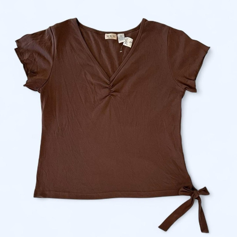 Y2K NEW Brown Flowy Short Sleeve Top w Ruching & Side Tied Bow by MKM Designs
